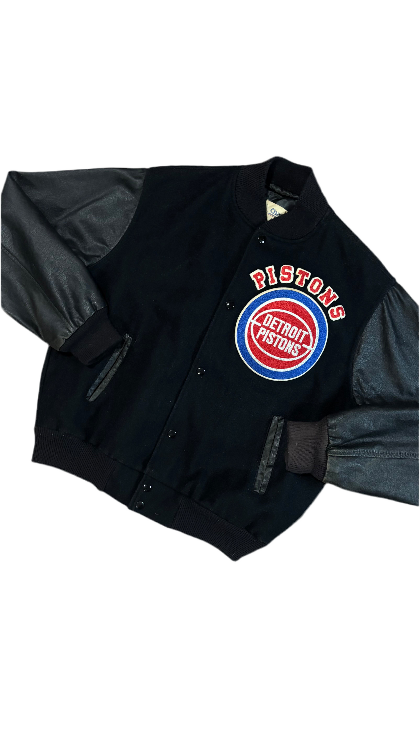 Detroit Pistons Back Script - Chalkline Leather Wool Bomber